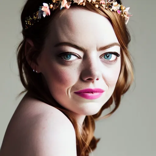 Image similar to emma stone with jewellary and flower crown, sensual, beautiful soft light failling on her face, studio photography, nikon 3 5 mm portrait photography, ultra realistic