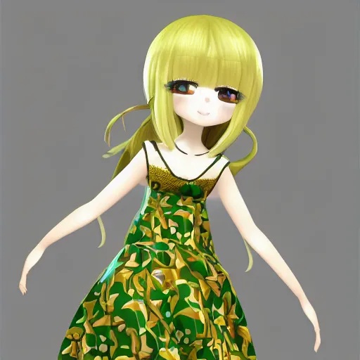 Prompt: cute fumo plush of a girl in a green and gold patterned dress, stylized material bssrdf, cel shading, vray, anime girl