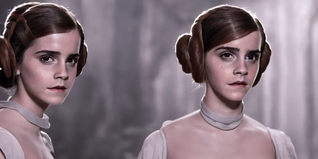 Prompt: Emma Watson as Princess Leia, 4k wallpaper, movie poster, cinematic