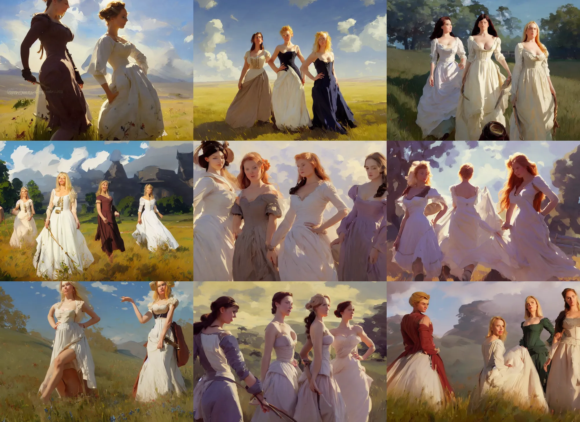 Prompt: three beautiful finnish norwegian swedish scandinavian attractive glamour models wearing 1 7 th century bodice with low neckline walking in the feild in a sunny day, jodhpurs greg manchess painting by sargent and leyendecker, studio ghibli fantasy close - up shot asymmetrical intricate elegant matte painting illustration hearthstone, by greg rutkowski by greg tocchini by james gilleard