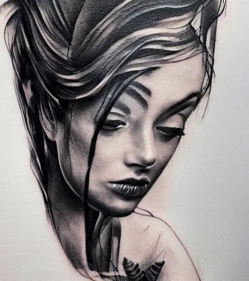 Image similar to tattoo design sketch of an extremely beautiful woman face, faded background of beautiful mountains on her side, hyper - realistic, double exposure effect, in the style of matteo pasqualin, amazing detail, black and white, faded