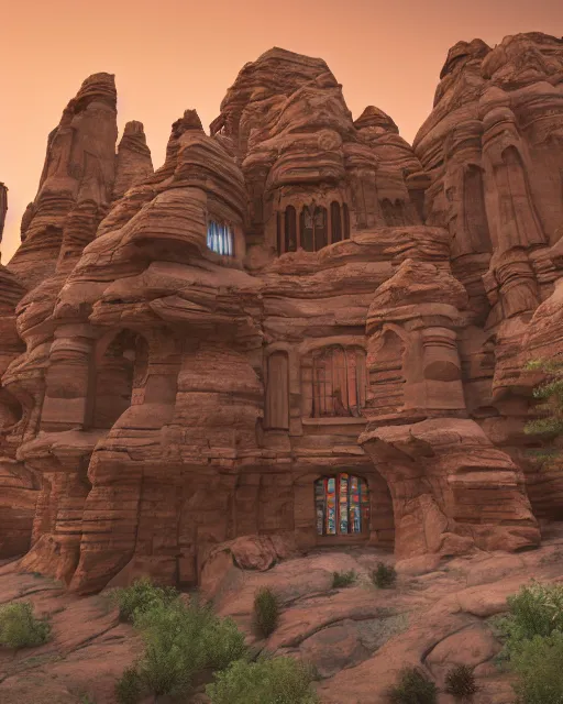 Prompt: beautiful dwelling complex of sandstone, built in red rock canyon, a fusion of star wars and gothic revival architecture, natural volumetric lighting, realistic high detail 4 k render