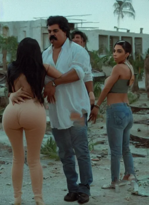 Prompt: film still of kim kardashian & kylie Jenner hugging Pablo Escobar, Pablos hands on their waists, rear shit, behind pov, abandoned building