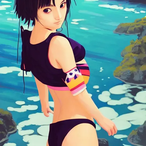 Image similar to a beautiful young japanese natalie portman alluring gravure model, stylized concept art, wearing elegant designer bomber jacket and one piece bikini, bomber jacket with mesoamerican patterns, mesoamerican native street fashion, princess mononoke, painted by ilya kuvshinov aesthetic, gorgeous, stunning, alluring, attractive, artstation, pinterest, digital art