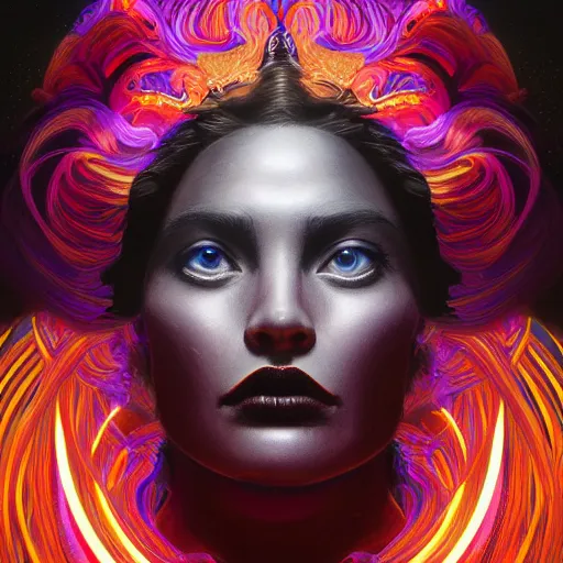 Image similar to deity starring into the camera, fixed eyes, flowing black coat with glowing neon orange trim, inside a museum, colorful, surreal, dramatic lighting, face, detailed, intricate, elegant, highly detailed, digital painting, artstation,, concept art, smooth, sharp focus, illustration, art by sam spratt, dan mumford, artem demura and alphonse mucha