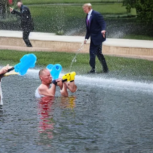 Image similar to photo of putin, trump and obama using water guns at each other