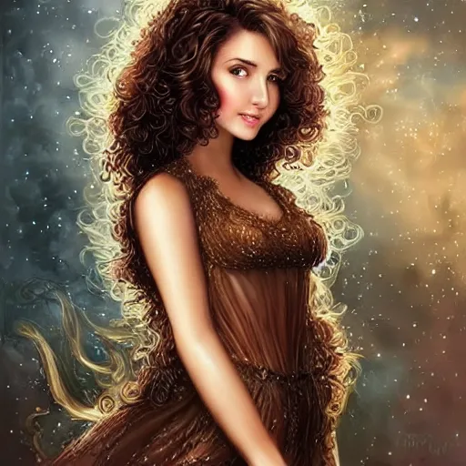 Prompt: beautiful female angel, brunette with big smile and curly hairstyle, looks like Ebru Şahin, Reyyan, looks like Fabiula Nascimento, looks like Laura Barriales, D&D, fantasy, intricate, elegant, highly detailed, digital painting, artstation, concept art, character design, smooth, sharp focus, illustration, art by artgerm and greg rutkowski and alphonse mucha