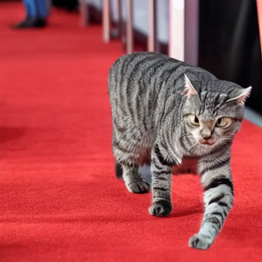 Prompt: cat with steve buscemi face walking on red carpet