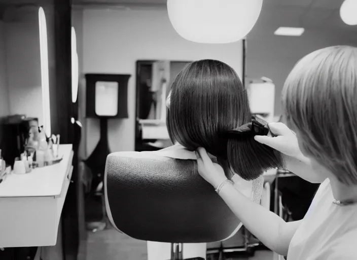 Image similar to a 3 5 mm photo from the back of a woman getting her hair done at the hairdresser in the 1 9 6 0 s, bokeh, canon 5 0 mm, cinematic lighting, dramatic, film, photography, golden hour, depth of field, award - winning, 3 5 mm film grain