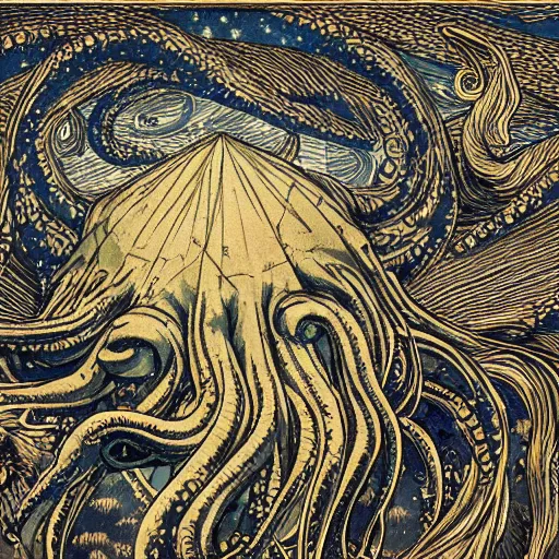 Image similar to Cthulhu, starry sky, Cthulhu Mythos, High detail, Ukiyoe, Comics, JamesJean, Caspar Friedrich, Zdzislaw Beksinsk