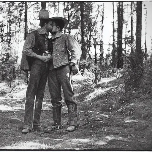 Image similar to two cowboys kissing on a camp in the woods, vintage photography