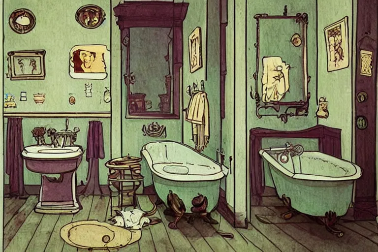 Image similar to victorian bathroom, style of studio ghibli + moebius + basquiat, cute,