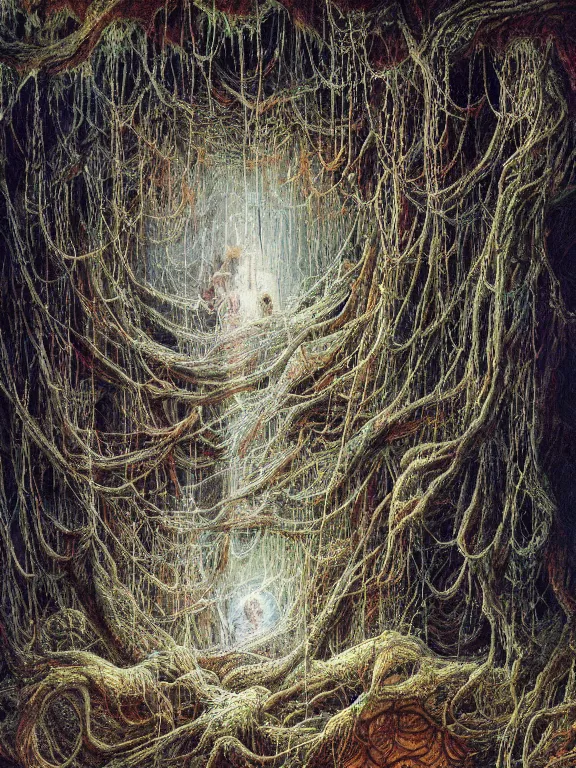 Prompt: A detailed painting of cobweb hanging on the eldritch forest cave,ethereal,maximalism,glittering,by Gustave Doré and peter gric,Trending on artstation