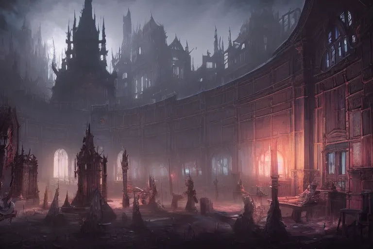 Image similar to collaborative environment concept art by Tyler Edlin, Andy Park, Feng Zhu, James Paick, Ryan Church, in the style of Bloodborne