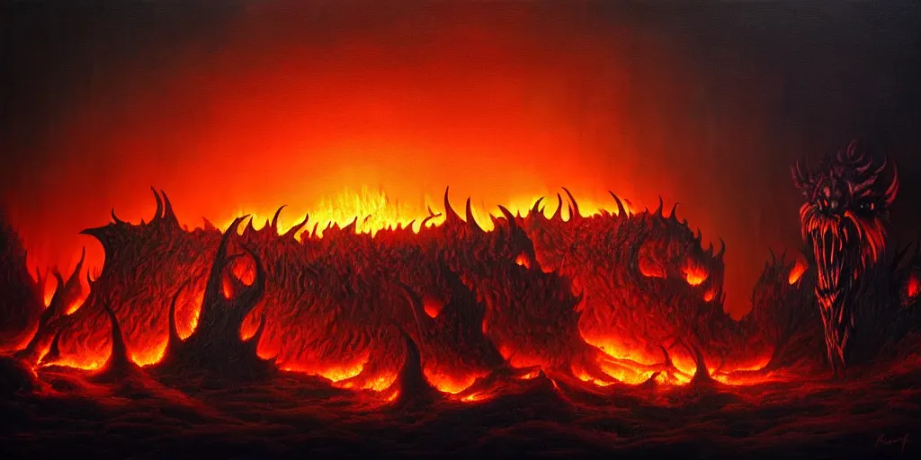 Image similar to mythical creatures and monsters at the mouth of hell, dramatic lighting glow from giant fire, in a dark surreal painting by ronny khalil