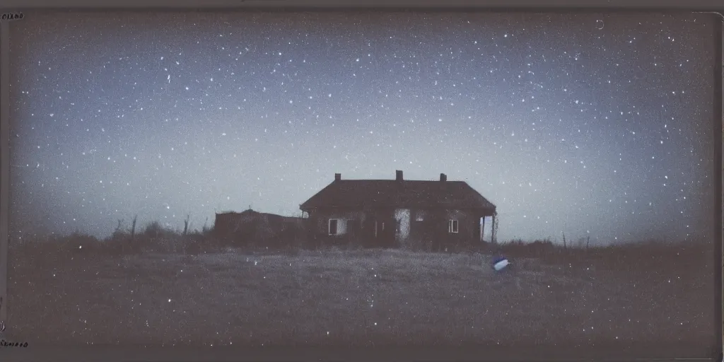 Image similar to polaroid photo of an abandoned house on a wasteland, deep purple starry sky, slight color bleed, grain