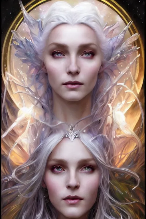 Image similar to realistic portrait of a beautiful white witch, crafting spells, bright witch, beautiful face, fantasy, chaos, magic, dark magic, dramatic lighting, intricate, wild, highly detailed, digital painting, artstation, concept art, smooth, sharp focus, illustration, art by artgerm and greg rutkowski and alphonse mucha, footage from space camera