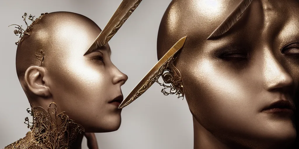Image similar to hyper realistic photography of a stunningly cyborg female, intimate, holding hands, kissing, delicate gold blade, in the style of beth cavener, jin kagetsu,, and wlop, highly detailed, intricate filigree, chrome face symmetry, masterpiece, award - winning, sharp focus, concept art, high key, ambient lighting, 8 k, octane render,