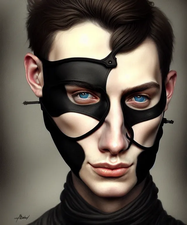 Image similar to european young man wearing medical black mask, beautiful face, highly detailed face!!!, true anatomy!, extremely detailed!, digital painting, unreal engine 5, art by tom bagshaw