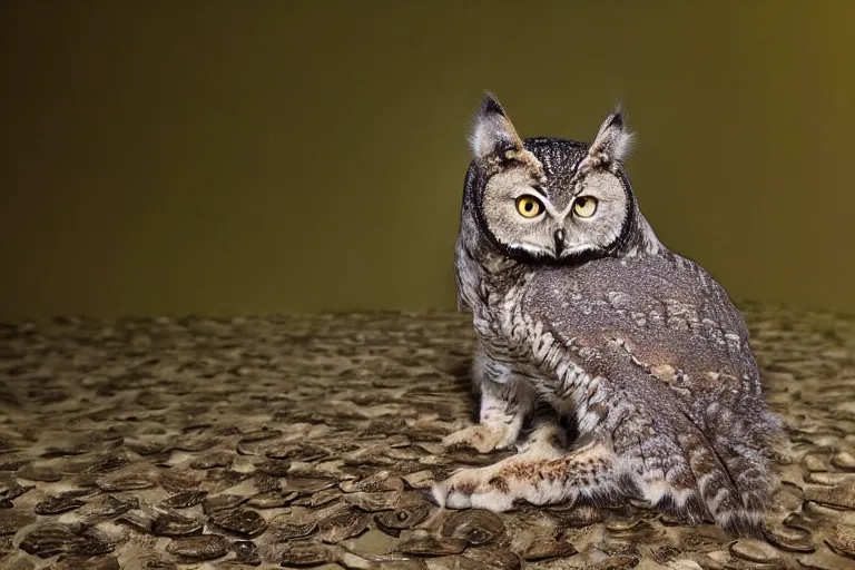 Image similar to an owl cat!!! hybrid! hyper realistic!! realistic lighting!! wildlife photographer of the year!!! bold natural colors, national geographic, hd, wide angle, 8 k