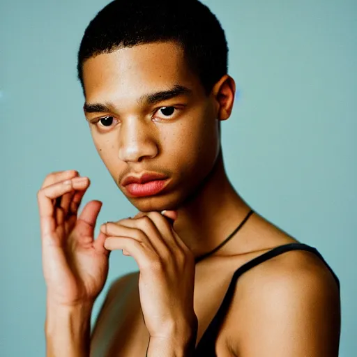 Image similar to realistic photoshoot for a new dior lookbook, color film photography, portrait of a beautiful model, in style of tyler mitchell, 35mm