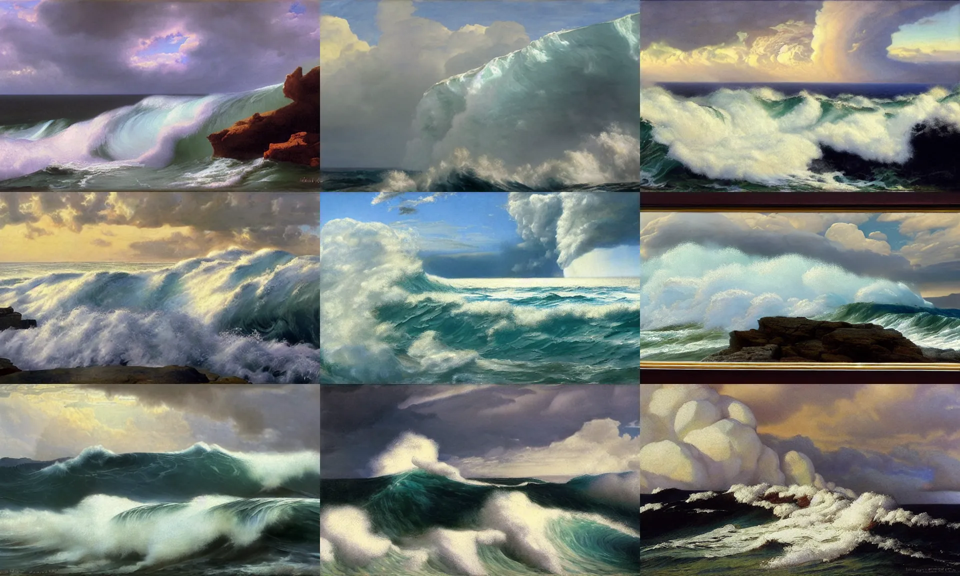 Prompt: sea and sky, big wave and foam, cliffs, stormy sky, cumulonimbus, artwork by frederick judd waugh and ruo li