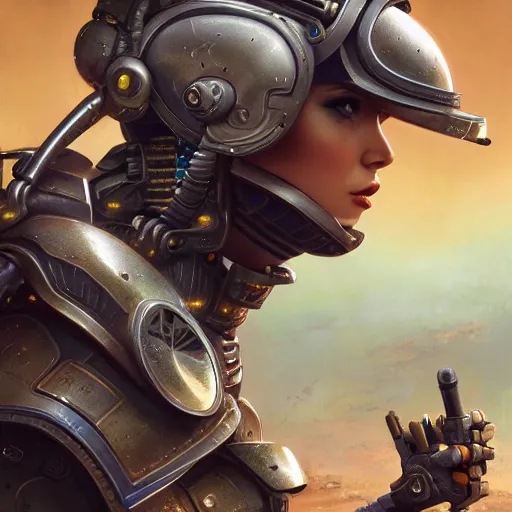 Image similar to Futuristic female soldier with open helmet in armour, machine city background with alien plants, upper body portrait, highly detailed, fractals, ornate, cinematic, 8k, by Stanley Artgermm, Tom Bagshaw, Greg Rutkowski, Carne Griffiths, Ayami Kojima, trending on DeviantArt, hyper detailed, full of color, digital art,