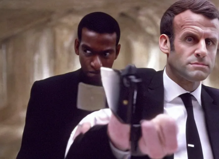 Image similar to hyper realistic, production still of emmanuel macron playing neo in matrix ( 1 9 9 9 ), 4 k, highly detailed, anamorphic