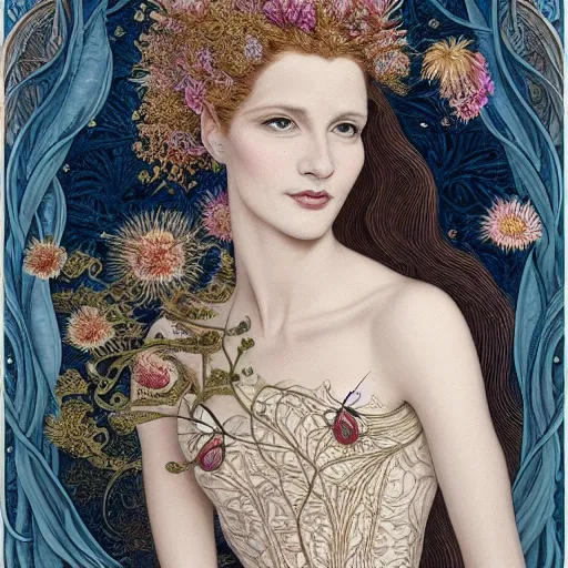 Image similar to facial portrait of a young pretty woman in flowing dress, arrogant, mysterious, long fine flowing hair, delicate, looking at camera, slightly awkward smile, realistic face, hands behind back, intricate, stylish, elegant, grimdark fantasy, flowers, art nouveau, extremely detailed painting inspired by Gerald Brom and Ernst Haeckel and Kaluta