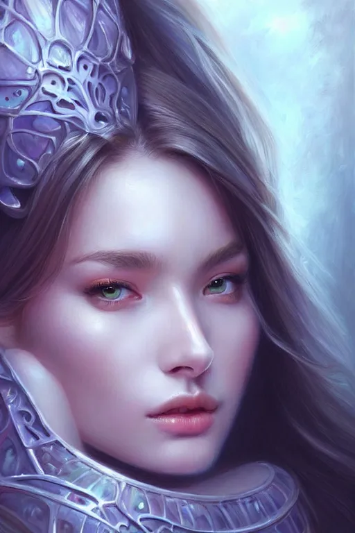 Image similar to a photorealistic painting of an attractive young girl, partially clothed in ethereal armor emitting psychic powers, beautiful bone structure, perfectly proportioned face, perfect eyes, intricate, elegant, highly detailed, hyper detailed, trending on tumblr, by artgerm, by loish, fantasy scene, fantasy aesthetic, trending on Artstation