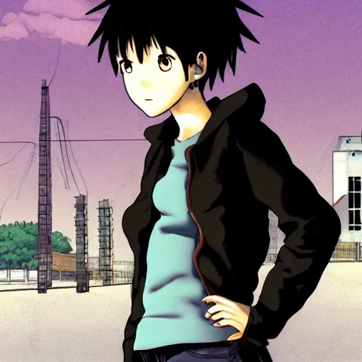 Image similar to a portrait of tomboy Lain from serial experiments: Lain Shinji with a town behind