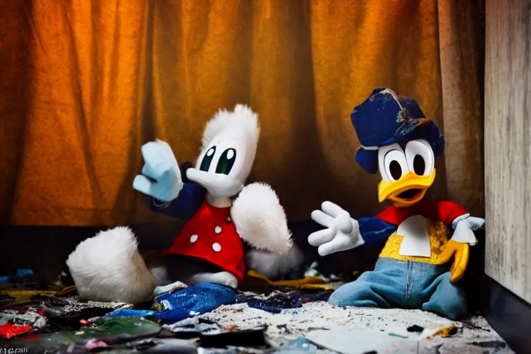 Prompt: donald duck hide in dark corner of dirty messy room, smiling, dark, flash light, dream core, horror