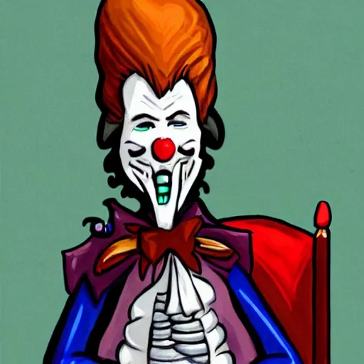 Image similar to a vampire sitting on a throne in his castle during the american revolution. he is surrounded by paintings and is wearing a bright clown emoji mask. character design by john and ai