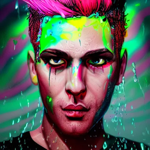 Prompt: splashes of neon, mowhawk, punk portrait made out of paint with rain in the background, trending on artstation, epic composition, emotional, beautiful, rendered in octane, highly detailed, realistic, tim burton comic book art, sharp focus, matte painting, unreal engine