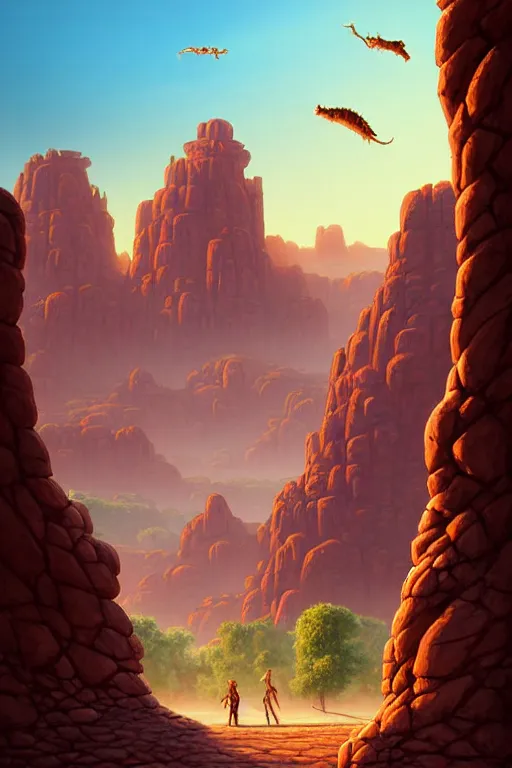 Image similar to Epic ancient fantasy desert landscape of a red sandstone city dwarfed by a colossal stone crocodile monument statue, tiny villagers gather to worship. Zoomed out vast vista, HD, Pixar movie quality. Trending on DeviantArt, highly detailed, 2d game poster by Jesper Ejsing, by RHADS, Makoto Shinkaih and Lois van baarle, ilya kuvshinov, rossdraws, cinematic , hyper-realistic, depth of field, coherent, high definition, 8k resolution octane renderer,