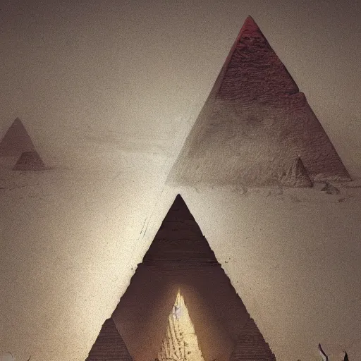 Image similar to A closeup shot of Pyramid Head standing in front of The Satanic Great Pyramid of Giza, intricate, highly detailed, fullbody, artstation, dark fantasy, horror, Silent Hill game, concept art, smooth, sharp focus, illustration, art by greg rutkowski and orientalism and bouguereau and Zdzislaw Beksinski, good clear quality, lighting, biology, symmetrical artwork, perfect face, 135 mm, cinematic, hyper realism, high detail, octane render, 8k, chrome accents