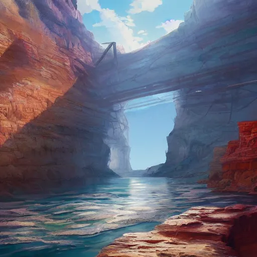 Image similar to concept art painting of a grand canyon with huge ocean inside, giant river, with unfinished bridge under construction, realistic, detailed, cel shaded, in the style of makoto shinkai and greg rutkowski and james gurney