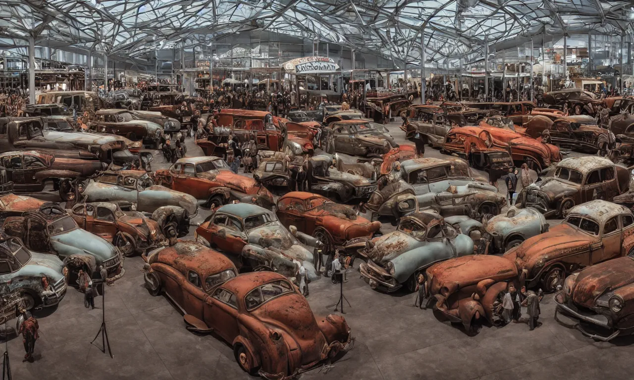 Prompt: exhibition hall full of rusty old restomods cars, plants and observing crowd people, postapo style, high detail, volumetric lighting, from new movie by digital domain and weta digital, strong ambient occlusion