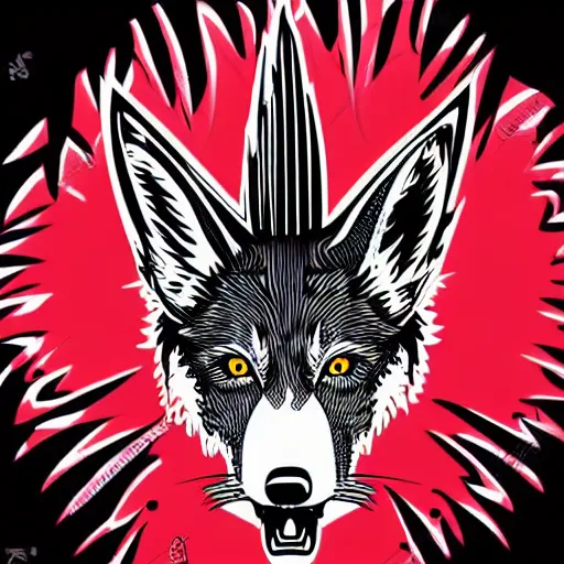 Image similar to vector illustration of a cyber wolf with a mohawk graffiti, red and black, punk, spray smudge, masterpiece, banksy