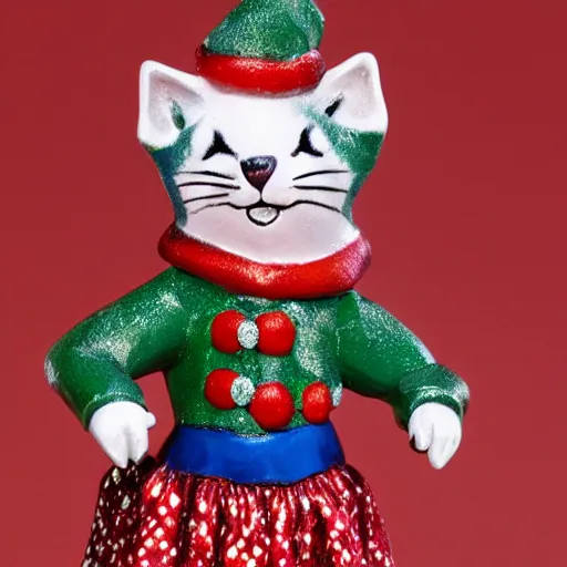 Prompt: New Margaret Le Van Alley Cats statuette, wearing festive clothing, full body render, museum quality photo