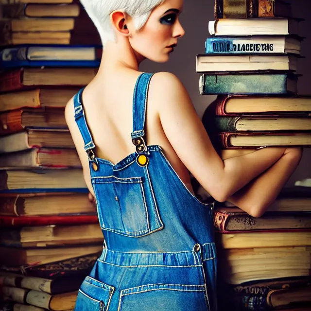 Image similar to full body pose, beautiful adult book fairy, pixar, short white hair shaved sides, dirty, grungy, grunge, long sleeve, painted overalls, stacks of giant books, highly detailed, 4 k, hdr, smooth, sharp focus, high resolution, award - winning photo, artgerm, photorealistic