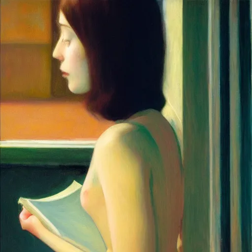 Image similar to close up of a girl with a book, film still by edward hopper, by gottfried helnwein, by klimt, art noveau, highly detailed, strong lights, liminal, eerie, bright pastel colors,