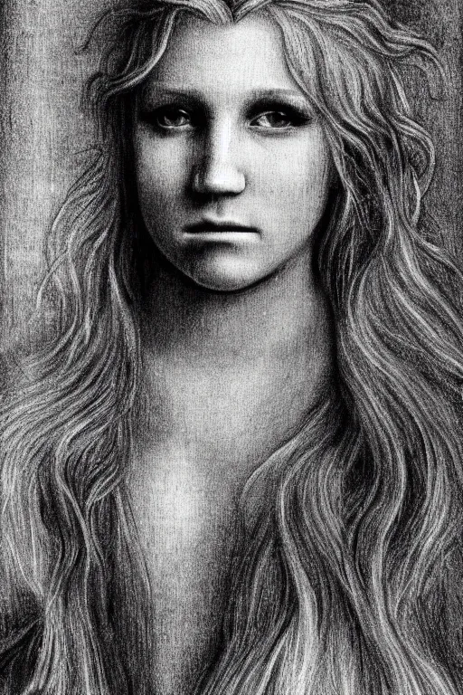 Image similar to a portrait of kesha in the style of leonardo da vinci drawing,, single head, no double head,