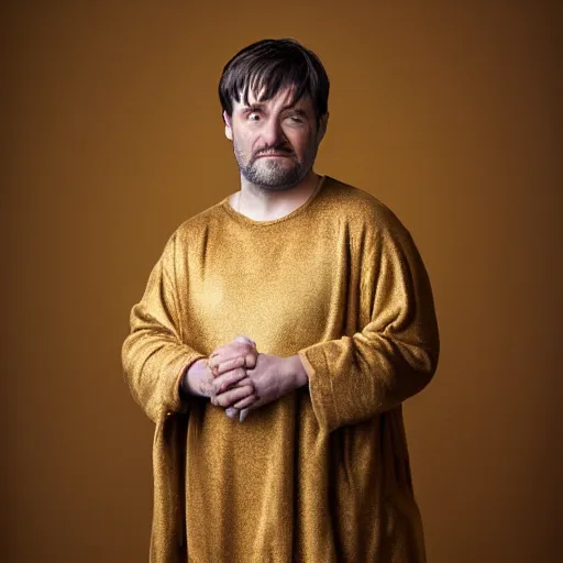 Image similar to richard iv the roman king, real human wearing golden cashmere pyjama, soft studio lighting, sigma lens photo,