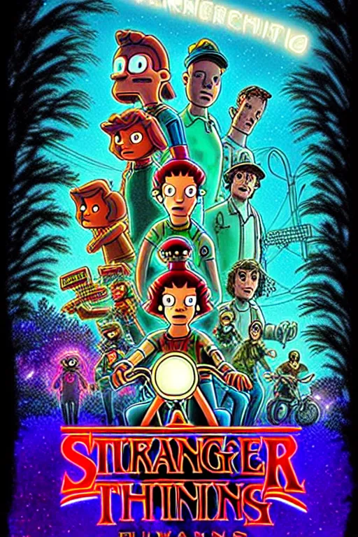 Image similar to animated version of Futurama Stranger Things poster by Matt Groening, cartoon, high resolution, hyper detailed, intricate, illustrated, dramatic lighting !n-9