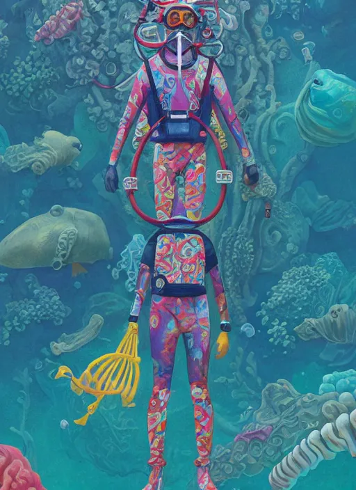 Image similar to scuba diver :: by Martine Johanna and Simon Stålenhag and Chie Yoshii and Casey Weldon and wlop :: ornate, dynamic, particulate, rich colors, intricate, elegant, highly detailed, centered, artstation, smooth, sharp focus, octane render, 3d