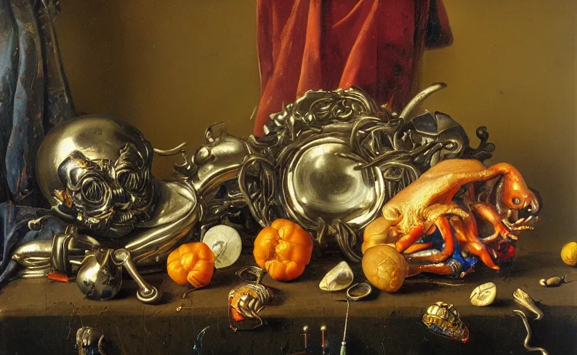 Image similar to disturbing colorful oil painting dutch golden age vanitas still life with bizarre objects strange gooey surfaces shiny metal bizarre insects rubber rachel ruysch dali todd schorr very detailed perfect composition rule of thirds masterpiece canon 5 0 mm, cinematic lighting, photography, chiaroscuro, film, kodachrome