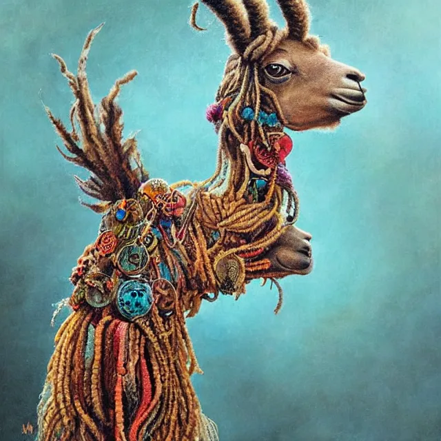 Image similar to llama with dreadlocks, by mandy jurgens, ernst haeckel, james jean. in the style of aqua