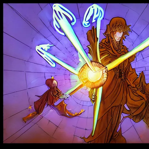 Prompt: pointing glowing cleric casting holy divine yellow spell , in the style of Greg Broadmore and junji ito and Arthur Rackham and Moebius, trending on artstation, light lighting side view,digital art,surrealism ,macro,blueprint ,vaporwave ,