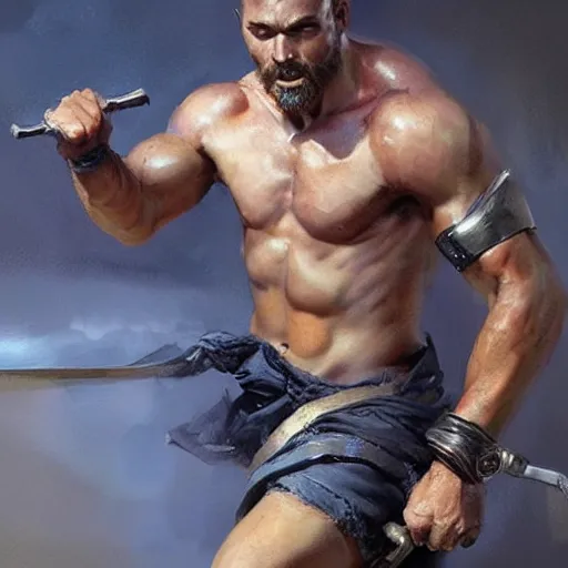 Image similar to young warrior marching toward the viewer, male, muscular, blue eyes!!!!, straight nose!!!, detailed face, exposed thighs!!!, highly detailed, painting by greg rutkowski